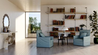 Büyük lüks, modern, parlak iç mekan. Oturma odası tasviri 3D canlandırma.