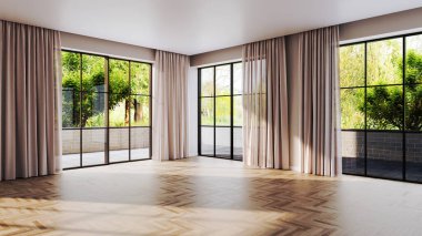 Büyük, lüks, modern, parlak iç mekânlar. Kitaplarla dolu oturma odası. 3 boyutlu tasvirler.