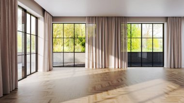 Büyük, lüks, modern, parlak iç mekânlar. Kitaplarla dolu oturma odası. 3 boyutlu tasvirler.