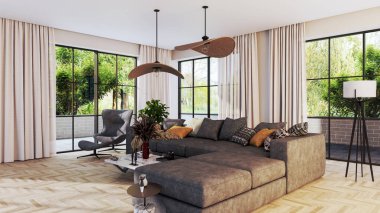 Büyük, lüks, modern, parlak iç mekânlar. Kitaplarla dolu oturma odası. 3 boyutlu tasvirler.