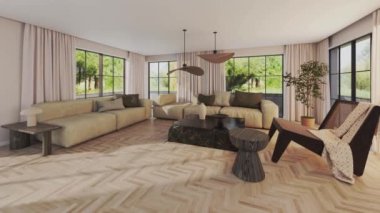 Büyük lüks, modern, parlak iç mekan. Oturma odası tasviri 3D canlandırma.