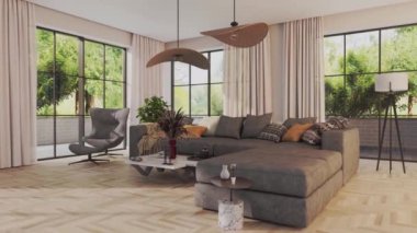 Büyük lüks, modern, parlak iç mekan. Oturma odası tasviri 3D canlandırma.