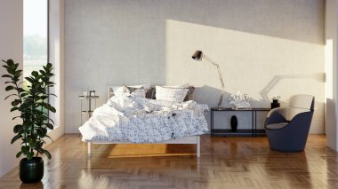 Modern, parlak yatak odası içerisi 3D resimleme bilgisayarı oluşturulmuş resim
