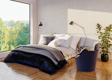 Modern, parlak yatak odası içerisi 3D resimleme bilgisayarı oluşturulmuş resim