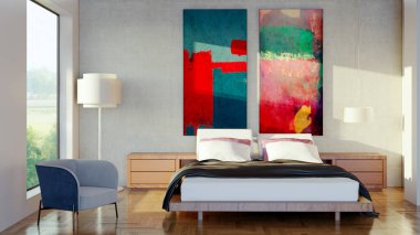 Modern, parlak yatak odası içerisi 3D resimleme bilgisayarı oluşturulmuş resim