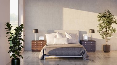 Modern, parlak yatak odası içerisi 3D resimleme bilgisayarı oluşturulmuş resim