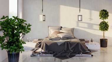 Modern, parlak yatak odası içerisi 3D resimleme bilgisayarı oluşturulmuş resim