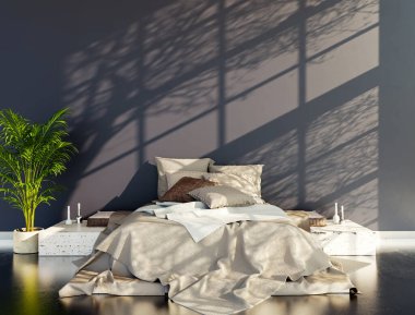 Modern, parlak yatak odası içerisi 3D resimleme bilgisayarı oluşturulmuş resim