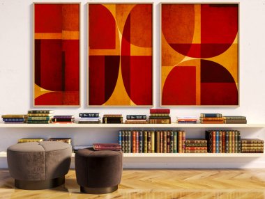 Büyük lüks, modern, parlak iç mekan. Oturma odası tasviri 3D canlandırma.