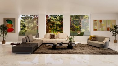 Büyük lüks, modern, parlak iç mekan. Oturma odası tasviri 3D canlandırma.