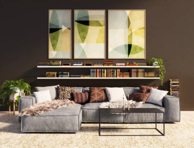 Büyük lüks, modern, parlak iç mekan. Oturma odası tasviri 3D canlandırma.