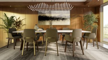 Büyük lüks, modern, parlak iç mekan. Oturma odası tasviri 3D canlandırma.