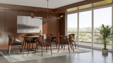 Büyük lüks, modern, parlak iç mekan. Oturma odası tasviri 3D canlandırma.