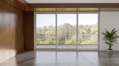 Büyük lüks, modern, parlak iç mekan. Oturma odası tasviri 3D canlandırma.