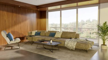 Büyük lüks, modern, parlak iç mekan. Oturma odası tasviri 3D canlandırma.