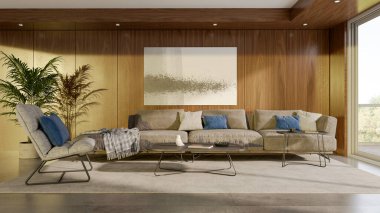 Büyük lüks, modern, parlak iç mekan. Oturma odası tasviri 3D canlandırma.