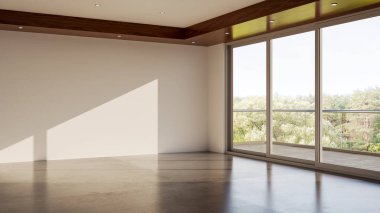 Büyük lüks, modern, parlak iç mekan. Oturma odası tasviri 3D canlandırma.