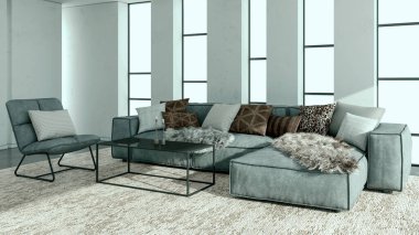 Büyük lüks, modern, parlak iç mekan. Oturma odası tasviri 3D canlandırma.