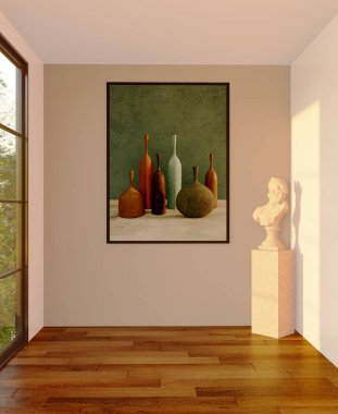 Büyük lüks, modern, parlak iç mekan. Oturma odası tasviri 3D canlandırma.