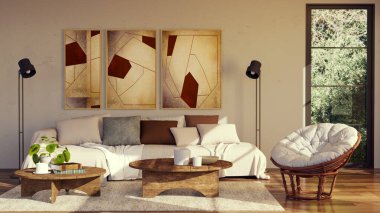 Büyük lüks, modern, parlak iç mekan. Oturma odası tasviri 3D canlandırma.