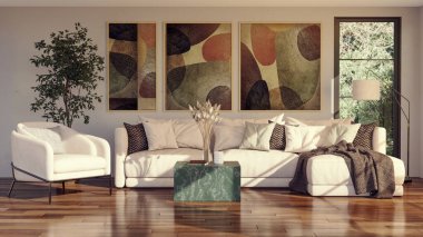 Büyük lüks, modern, parlak iç mekan. Oturma odası tasviri 3D canlandırma.