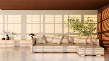 Büyük lüks, modern, parlak iç mekan. Oturma odası tasviri 3D canlandırma.