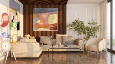 Büyük lüks, modern, parlak iç mekan. Oturma odası tasviri 3D canlandırma.