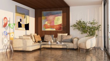 Büyük lüks, modern, parlak iç mekan. Oturma odası tasviri 3D canlandırma.