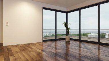 Büyük lüks, modern, parlak iç mekan. Oturma odası tasviri 3D canlandırma.