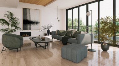 Büyük lüks, modern, parlak iç mekan. Oturma odası tasviri 3D canlandırma.