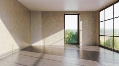 Büyük lüks, modern, parlak iç mekan. Oturma odası tasviri 3D canlandırma.