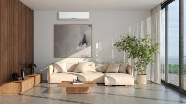 Büyük lüks, modern, aydınlık iç mekan. Klima modelleme çizimi 3D.