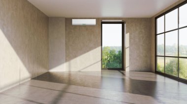 Büyük lüks, modern, aydınlık iç mekan. Klima modelleme çizimi 3D.