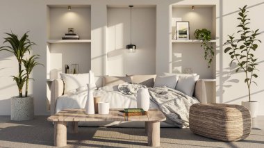 Büyük lüks, modern, parlak iç mekan. Oturma odası tasviri 3D canlandırma.