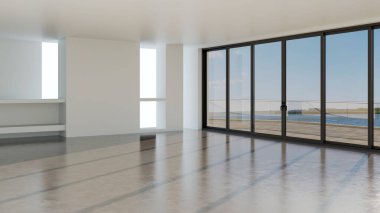 Büyük lüks, modern, parlak iç mekan. Oturma odası tasviri 3D canlandırma.