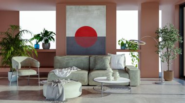 Büyük lüks, modern, parlak iç mekan. Oturma odası tasviri 3D canlandırma.