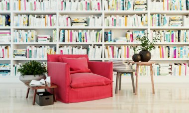 Büyük lüks, modern, parlak iç mekan. Oturma odası tasviri 3D canlandırma.