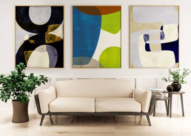 Büyük lüks, modern, parlak iç mekan. Oturma odası tasviri 3D canlandırma.