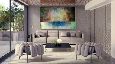 Büyük lüks, modern, parlak iç mekan. Oturma odası tasviri 3D canlandırma.