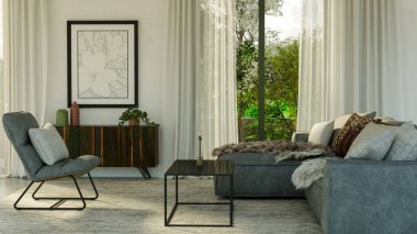 Büyük lüks, modern, parlak iç mekan. Oturma odası tasviri 3D canlandırma.