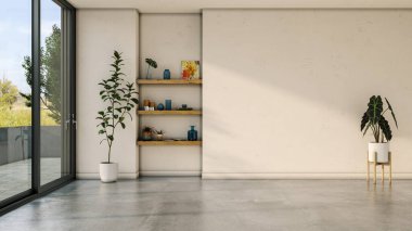 Büyük lüks, modern, parlak iç mekan. Oturma odası tasviri 3D canlandırma.