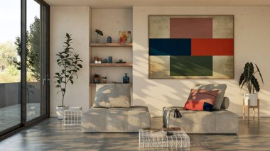 Büyük lüks, modern, parlak iç mekan. Oturma odası tasviri 3D canlandırma.