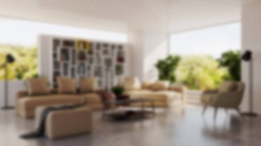 Modern bir oturma odasının bulanık arka planı, parlak ve solunabilir, doğal ışık, mobilyalar ve davetkar koltuk düzenlemeleri, sessiz ve stil bir atmosfer yaratıyor.