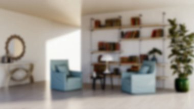 Modern bir oturma odasının bulanık arka planı, parlak ve solunabilir, doğal ışık, mobilyalar ve davetkar koltuk düzenlemeleri, sessiz ve stil bir atmosfer yaratıyor.