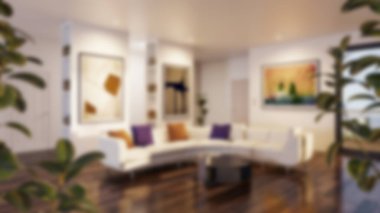 Modern bir oturma odasının bulanık arka planı, parlak ve solunabilir, doğal ışık, mobilyalar ve davetkar koltuk düzenlemeleri, sessiz ve stil bir atmosfer yaratıyor.