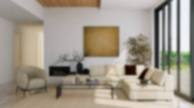 Modern bir oturma odasının bulanık arka planı, parlak ve solunabilir, doğal ışık, mobilyalar ve davetkar koltuk düzenlemeleri, sessiz ve stil bir atmosfer yaratıyor.