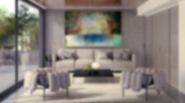 Modern bir oturma odasının bulanık arka planı, parlak ve solunabilir, doğal ışık, mobilyalar ve davetkar koltuk düzenlemeleri, sessiz ve stil bir atmosfer yaratıyor.