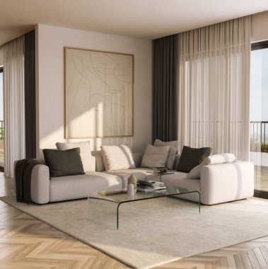 Büyük lüks, modern, parlak iç mekan. Oturma odası tasviri 3D canlandırma.