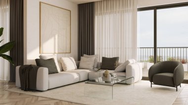 Büyük lüks, modern, parlak iç mekan. Oturma odası tasviri 3D canlandırma.