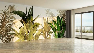 Büyük lüks, modern, parlak iç mekan. Oturma odası tasviri 3D canlandırma.